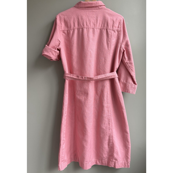 LL Bean Linen Cotton Belted Button Front Shirt Dress Pink Roll Tab Sleeves XL P - Picture 3 of 16